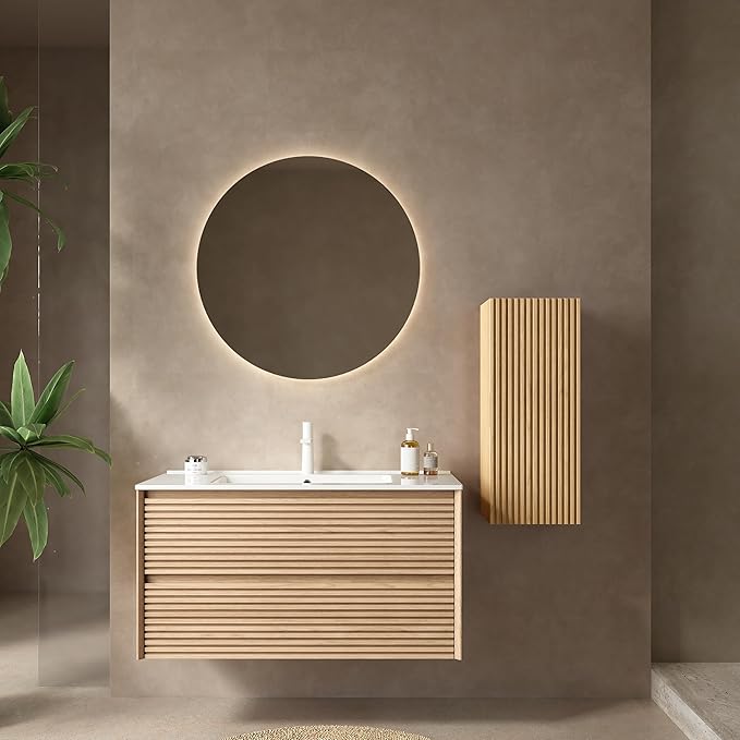 12" Wall-Mounted Floating Striped Bathroom Vanity Side Cabinet with a Door and a Shelf, (Suitable for Sedona Bathroom Vanity), Light Oak