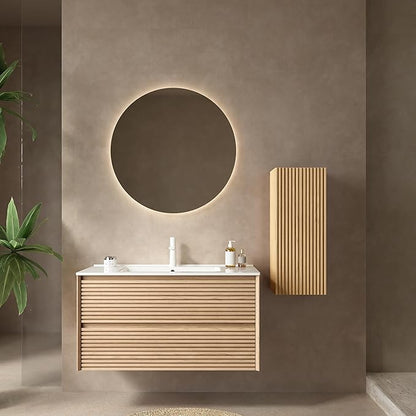 12" Wall-Mounted Floating Striped Bathroom Vanity Side Cabinet with a Door and a Shelf, (Suitable for Sedona Bathroom Vanity), Light Oak