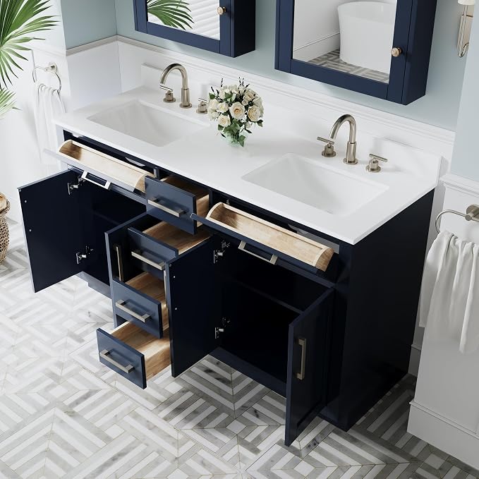 60-Inch Bathroom Vanity with Double Sinks W/ 4 Doors & 4 Drawers & 2 Flip Drawers, Navy Blue Vanity W/Brushed Nickel Handles