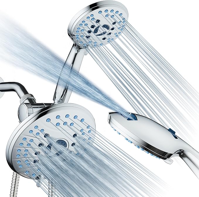 AquaCare 50-mode High Pressure 7 inch Shower Head Combo w/Dual Power Wash | Hygienic Jets, 2-mode Handheld Power Wash for Tub, Tile & Pets, Long 6 ft. Stainless Steel Hose, Extra Wall Bracket / Chrome