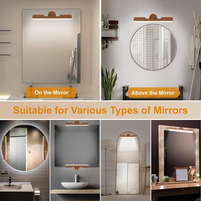 Benreom 2 Pack Rechargeable Vanity Lights for Mirror, Light Wood | 4000mAh Battery, Touch Dimming, 3 Color Modes and 360° Adjustable Magnetic Design for Makeup Mirrors and Bathrooms