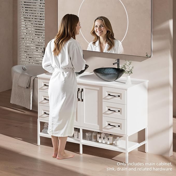 VNN 48 Inch Bathroom Vanity with Sink - Double Sink Bathroom Vanity, Freestanding Cabinet with Open Shelves and 6 Storage Drawers, Modern Iron Wood Cabinet with Countertop Tempered Glass Vessel, White