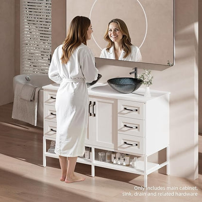 VNN 48 Inch Bathroom Vanity with Sink - Double Sink Bathroom Vanity, Freestanding Cabinet with Open Shelves and 6 Storage Drawers, Modern Iron Wood Cabinet with Countertop Tempered Glass Vessel, White