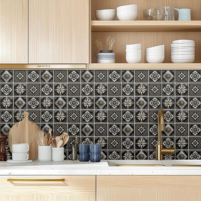 36pcs 4 Styles Retro Pattern Tile Stickers Black and Brown Geometric Patterns Waterproof PVC Tile Decals for Kitchen Bathroom 4x4 inch