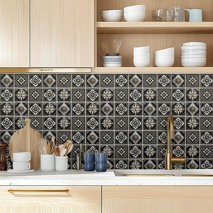36pcs 4 Styles Retro Pattern Tile Stickers Black and Brown Geometric Patterns Waterproof PVC Tile Decals for Kitchen Bathroom 4x4 inch