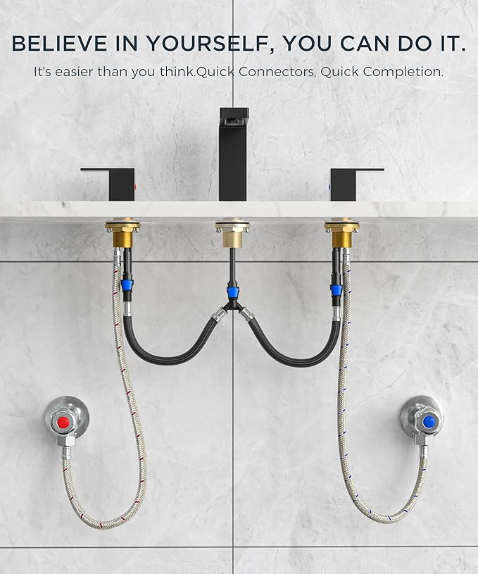 QFN Lead-Free Matte Black Bathroom Faucet 3 Hole, Square Bathroom Sink Faucet 8 Inch Widespread, 2 Handle for 6"-12" Vanity Sink with Metal Pop Up Drain and 24" cUPC Supply Hoses