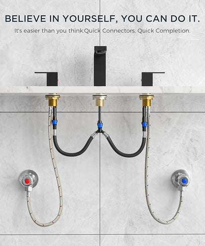 QFN Lead-Free Matte Black Bathroom Faucet 3 Hole, Square Bathroom Sink Faucet 8 Inch Widespread, 2 Handle for 6"-12" Vanity Sink with Metal Pop Up Drain and 24" cUPC Supply Hoses
