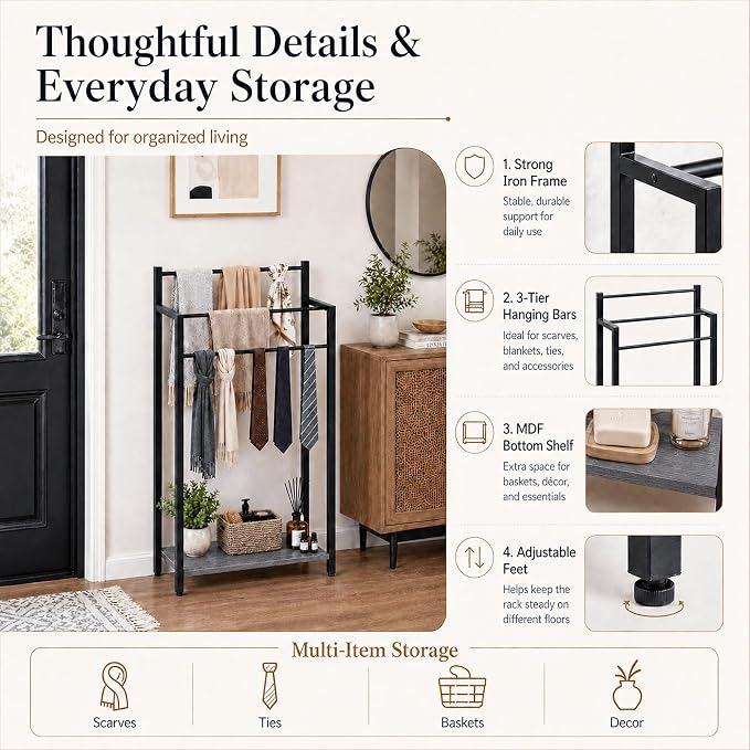 16.9" W Freestanding Towel Rack with Oak Grey Wood Shelf | 3 Tier Blanket Ladder Stand for Bathroom Living Room, Metal Frame,31.5"H x 16.9"W x7.9"D