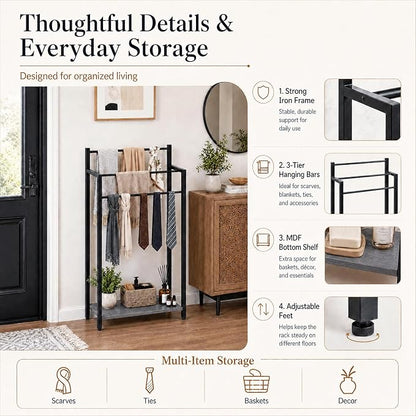16.9" W Freestanding Towel Rack with Oak Grey Wood Shelf | 3 Tier Blanket Ladder Stand for Bathroom Living Room, Metal Frame,31.5"H x 16.9"W x7.9"D