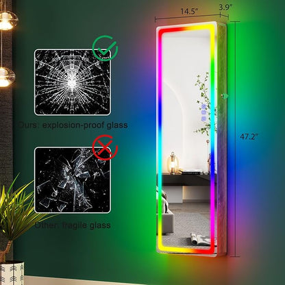 HNEBC Over the Door Jewelry Organizer with LED RGB Lights, 47.2" Full Length Mirror with Storage, Wall Mounted Jewelry Armoire, Hanging Mirror with 2 Drawers,Lokable,3 Shelves-Wood