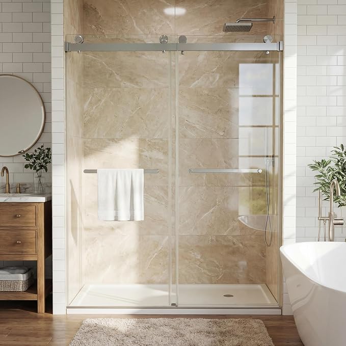 Sliding Shower Door, Frameless with 5/16" (8mm) Clear Tempered Glass & Stainless Steel Handle, Easy-Clean Design for Walk-in Shower, Bathroom