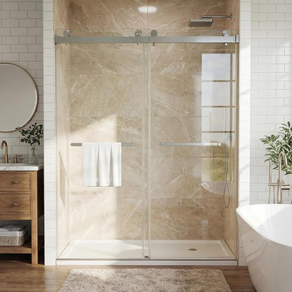 Sliding Shower Door, Frameless with 5/16" (8mm) Clear Tempered Glass & Stainless Steel Handle, Easy-Clean Design for Walk-in Shower, Bathroom
