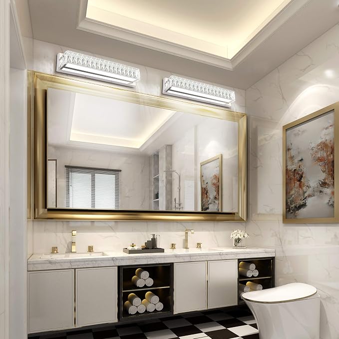 Modern Bathroom Light Fixtures - LED Vanity Lights for Bathroom 18W - Crystal Chrome Lighting Fixtures Over Mirror for Bath