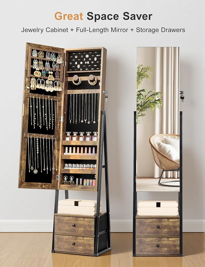 Nicetree Mirror Jewelry Cabinet, Lockable Full Length Mirror, 2 Drawers | Standing Jewelry Armoire with Mirror, Mirror with Jewelry Storage, Adjustable Angles, Easy Assembly, Gift Idea, Rustic Brown