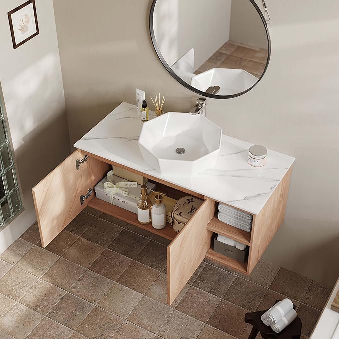 36 Inch Floating Vanity Bathroom with Single Sink, Wall-Mounted Floating Bathroom Cabinet with Sintered Stone Countertop & White Ceramic Basin, Ample Storage and Open Shelves, Light Wood