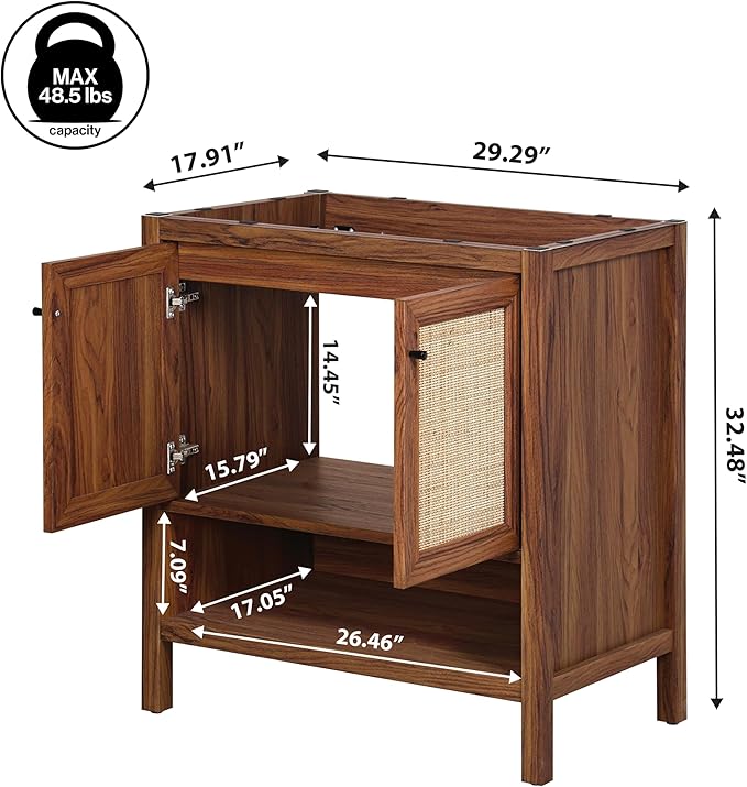 JONATHAN Y VAN1024B Jasper 30 in. W x 18 in. D x 33 in. H Rattan Modern Coastal 2-Shelf Bathroom Vanity Cabinet Only with Soft Closing Doors (Sink Basin Not Included), Walnut