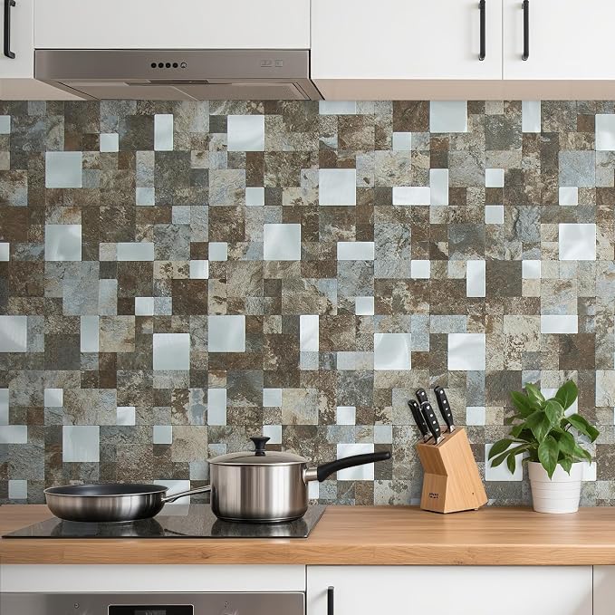 DICOFUN 12" x 12" Square Mosaic Peel and Stick Tile Backsplash, Mixed Metal Silver Stick on Wall Kitchen and Bathroom Tiles, Stick on Backsplash for Stove (10, Beige & Brown Slate)