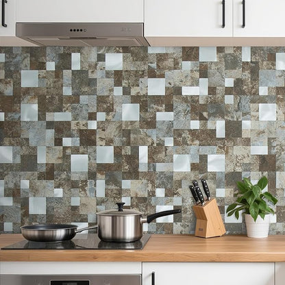 DICOFUN 12" x 12" Square Mosaic Peel and Stick Tile Backsplash, Mixed Metal Silver Stick on Wall Kitchen and Bathroom Tiles, Stick on Backsplash for Stove (10, Beige & Brown Slate)