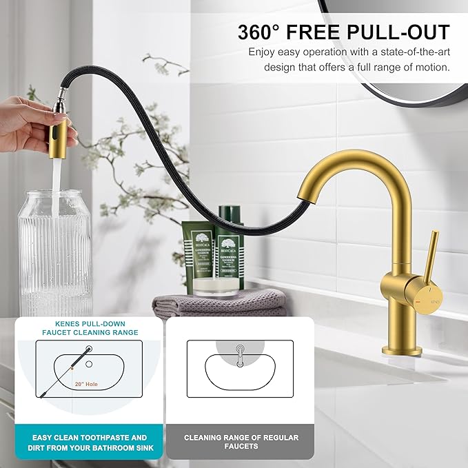 KENES Brushed Gold Single Handle Bathroom Faucet with Pull Out Sprayer, Pull Down Bathroom Sink Faucet with Sprayer, Vanity Bar Faucet with Pop Up Drain & Deck Plate, KE-9065B-4