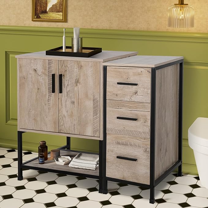 UEV 36" Bathroom Vanity Set, Oak Color Bathroom Vanity Set with 3 Drawers Side Cabinet Combo (Without Sink)