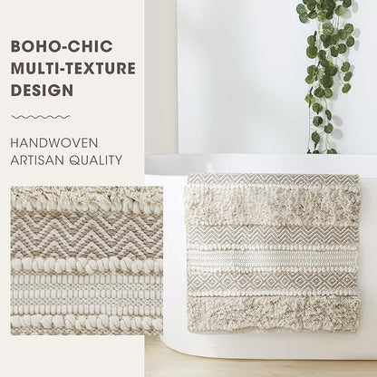 INK+IVY Asher Non-Slip Bath Rug Absorbent Quick Dry, 22 x 58, Natural | Soft Pile, Machine Washable, Striped Pattern, Boho, OEKO-TEX Certified, Hand-Woven Texture, for Bathroom, Shower Room