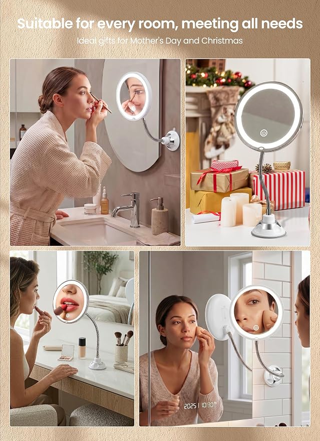 10x Makeup Mirror with Lights, Magnifying Mirror 3 Light Modes Silver | Wall-Mounted Lighted Vanity Makeup Mirror, Cordless Battery Operated LED Mirror with Suction Cups for Shower Bathroom
