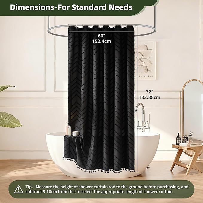 Boho Shower Curtain - Black Tassel Woven Fabric, 60 x 72 Tufted Chevron Striped Textured Modern Farmhouse Minimalist for Bathroom