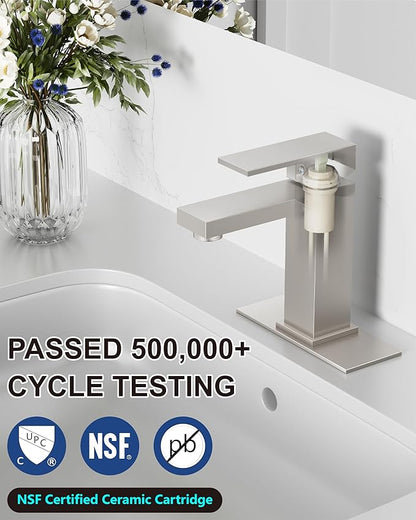 Midanya Bathroom Faucets 1 Hole, Single Handle Stainless Steel Bathroom Sink Faucet, Modern Vanity Faucets with Deck Plate,Water Supply Hoses and Pop Up Drain,Brushed Nickel