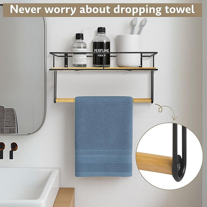 Wall-Mounted Wooden Shelf with Hand Towel Holder – Space-Saving Hanging Bathroom Organizer & Towel Rack - Perfect for Shower Corner, Kitchen, Toilet - Matte Black