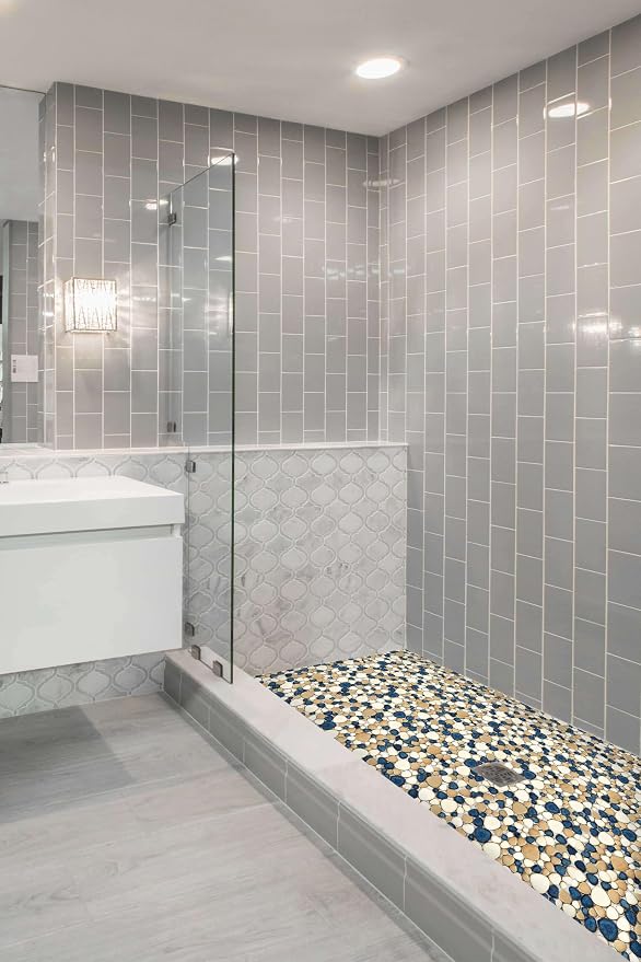 Pebble Tile for Shower Floor Brown Blue Pebbles Mosaic Tiles for Bathroom Floor [Set of 5 Sheets]