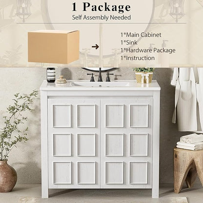36" Bathroom Vanity,Farmhouse Vanity with Ceramic Sink, Set Bathroom Storage Cabinet, Antique White