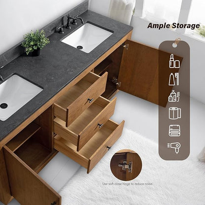 HOMEBEYOND 72" Bathroom Vanity with Double Sink & Ceramic Top, MDF Material Vanity Cabinet with Basin Combo, Soft-Closing Doors, Removable Shelf, Backsplash, Tan