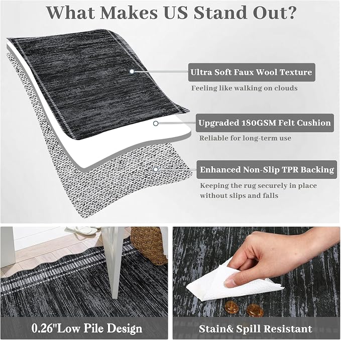Garvee Black Scallop Area Rug 5x7 Washable Rugs for Bedroom Neutral Rug | Soft Low Pile Solid Rug, Bedroom Throw Carpet Stain Resistant Classic Area Rug Boho Rugs for Kitchen Nursery