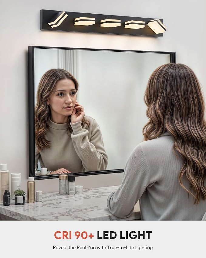 VONLUCE LED Modern Bathroom Vanity Light Fixture, Matte Black | 34'', 5-Light, 3CCT, 360° Rotate, High CRI, Flicker-free, Dimmable, Memory Function, Waterproof IP44, Easy Installation