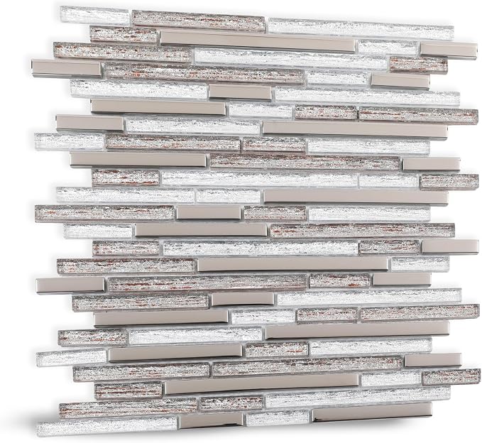 Glass Tiles Mosaic Backsplash Silver 12 Inch (5-Pack, 5 sq.ft.) | Brown Strip for Kitchen Bathroom and Shower Backsplash