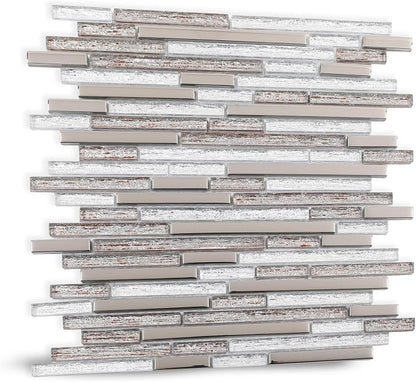 Glass Tiles Mosaic Backsplash Silver 12 Inch (5-Pack, 5 sq.ft.) | Brown Strip for Kitchen Bathroom and Shower Backsplash