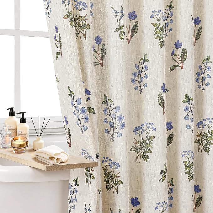 Colorful Star Farmhouse Blue Floral Linen Shower Curtain, 72" W x 84" L | Vintage Boho Shower Curtain for Bathroom, French Country Pattern Waterproof Bathroom Curtains with 12 Clear Hooks