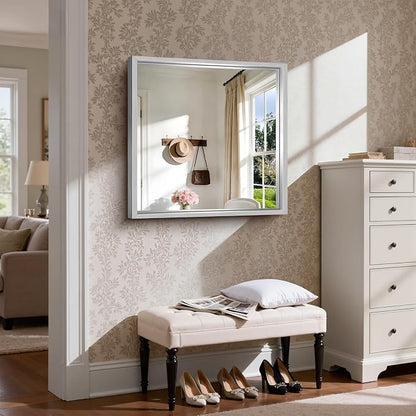 CIRCUMI 30"x30" Brushed Silver Bathroom Mirror, Square Mirror for Vanity | Chunky Box Metal Frame, Shatterproof, Tempered Glass, Bathroom Remodel&New Home,Wall Mirror for Over Sink,Living Room,Hallway
