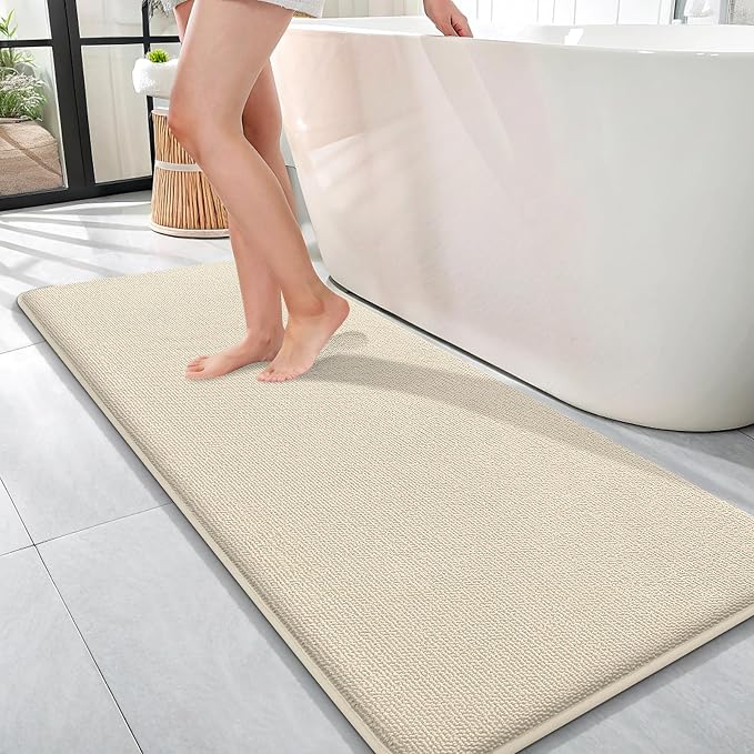 OLANLY Memory Foam Bathroom Runner Rug 47x17, Absorbent Long Bath Mat, Sand | Soft Quick Dry Bath Rugs, Non-Slip Carpet, Machine Washable Mat for Bathroom Floor, Tub and Shower, Home Decor Accessories