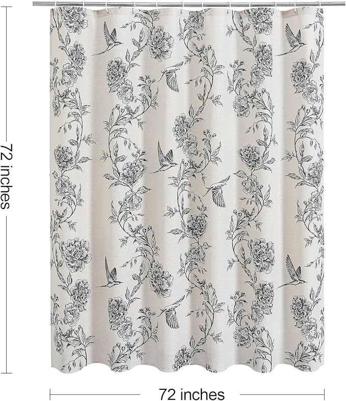 MitoVilla Black Farmhouse Shower Curtain Set, Cotton Floral Hummingbird Cottagecore Spring Shower Curtains for Bathroom, Modern Country Bathroom Décor, 72" W x 72" L