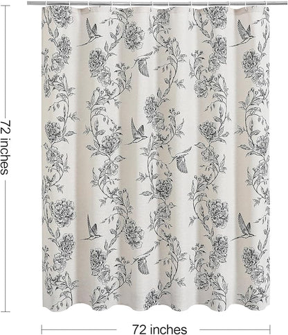 MitoVilla Black Farmhouse Shower Curtain Set, Cotton Floral Hummingbird Cottagecore Spring Shower Curtains for Bathroom, Modern Country Bathroom Décor, 72" W x 72" L