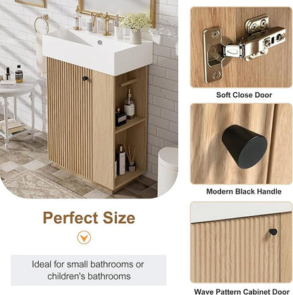 Merax Bathroom Vanity, Undermount Sinks Vanity with Side Storage, Floor Standing Bathroom Storage Cabinet Combo Set, Small Bathroom Sink Vanity, Oak
