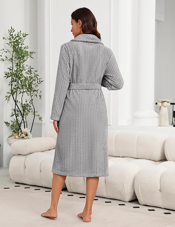Ekouaer Women's Robe Long Plush Soft Bathrobe Cozy Warm Robes Shawl Collar Sleepwear with Pockets
