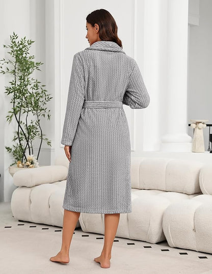 Ekouaer Women's Robe Long Plush Soft Bathrobe Cozy Warm Robes Shawl Collar Sleepwear with Pockets