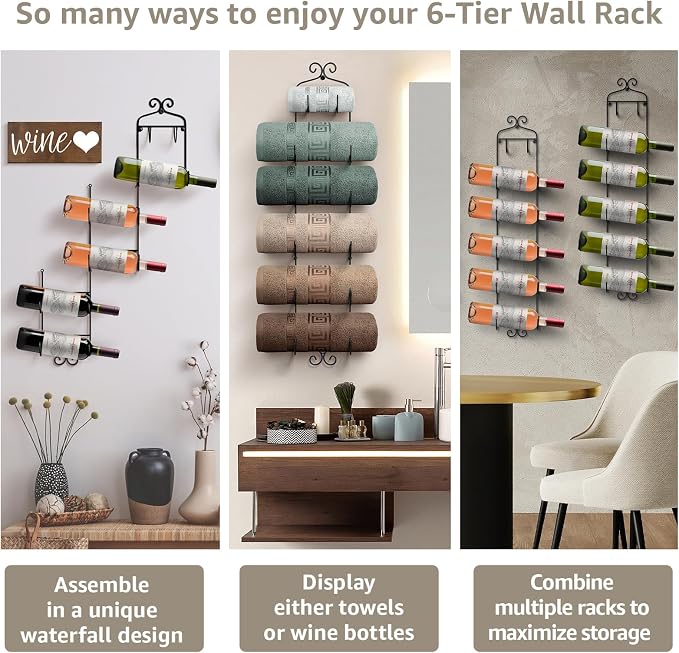 Sorbus Towel Rack Wall Mounted – Metal Towel Holder for Bathroom Wall, Washcloth, Rolled Bath Towels, Spa, Gym, Camper Rv, Shelf Cabinet - 6 Level Wine Rack Wall Mounted for Kitchen Bar, Wine Cellar