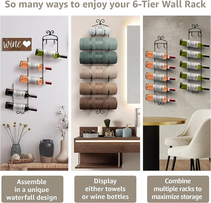 Sorbus Towel Rack Wall Mounted – Metal Towel Holder for Bathroom Wall, Washcloth, Rolled Bath Towels, Spa, Gym, Camper Rv, Shelf Cabinet - 6 Level Wine Rack Wall Mounted for Kitchen Bar, Wine Cellar
