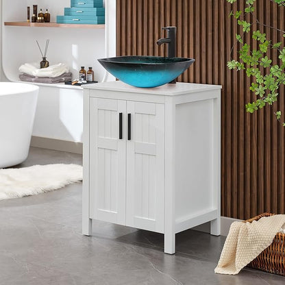 UEV White 24" Bathroom Vanity with Sink Combo,Modern Vanity with Vessel Sink,Stylish Bathroom Vanity Cabinet,Grooved Doors & Metal Handles,Modern Square Ocean Blue Tempered Glass Vessel Sink(A10)