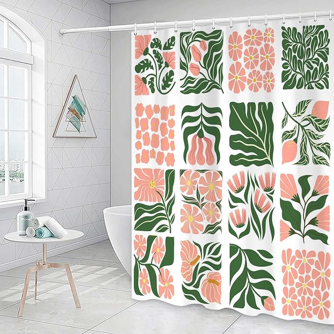 JAWO Retro Floral Shower Curtain Cute Vintage Boho Shower Curtains for Bathroom Decor Pink Green Botanical Geometric Groovy Aesthetic Abstract Flowers Pattern Shower Curtain Sets with Hooks, 60X70IN
