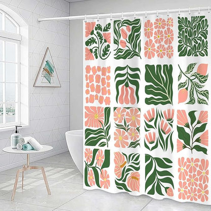 JAWO Retro Floral Shower Curtain Cute Vintage Boho Shower Curtains for Bathroom Decor Pink Green Botanical Geometric Groovy Aesthetic Abstract Flowers Pattern Shower Curtain Sets with Hooks, 60X70IN