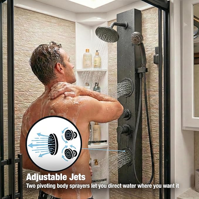 Dura Faucet (DF-SA914-MB) Premium RV Shower Panel Column – Matte Black, 4 Spray Options with Adjustable Body Sprayers, Overhead Shower & Handheld Wand – Water-Saving, Easy Install RV Shower System